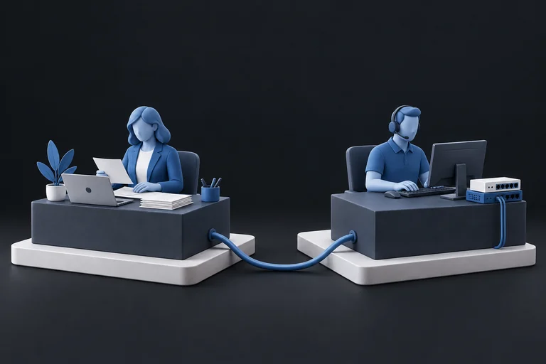 A business owner connected to an IT support specialist. Conceptual illustration.