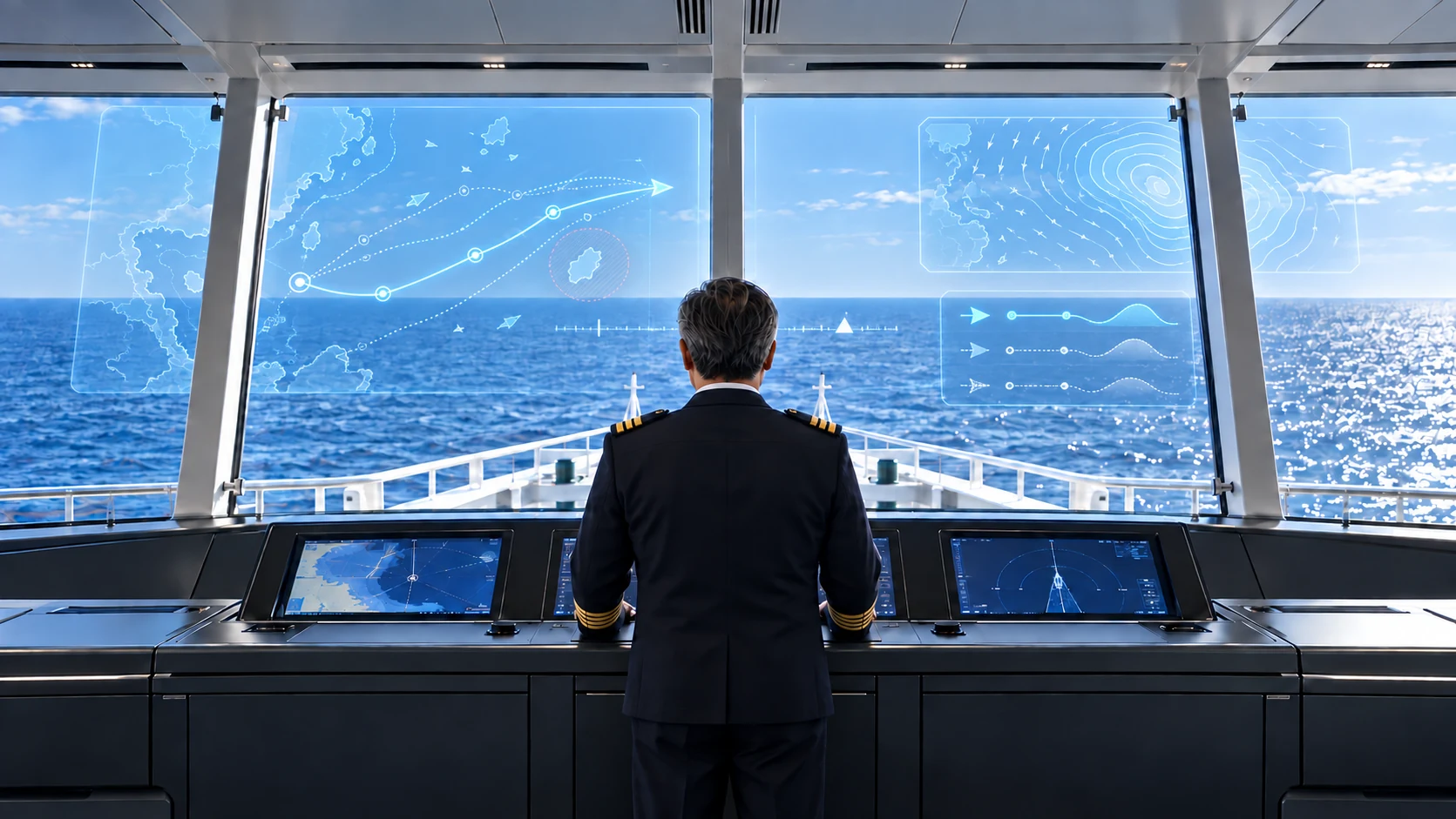 An experienced captain in a formal navy uniform, seen from behind, looking toward the horizon through holographic navigation information. AI-generated conceptual photograph.